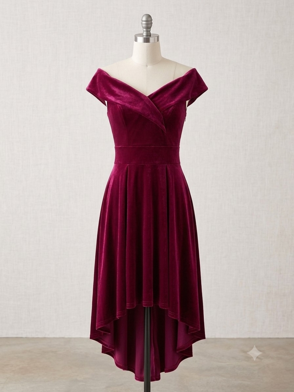 Off-Shoulder Velvet Hi-Low Dress in Wine